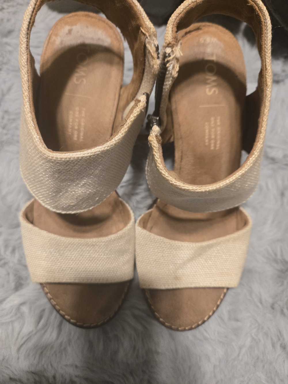 TOMS Majorca Oatmeal Woven Canvas Cutout Peep Toe Block Heel Sandals 5.5
